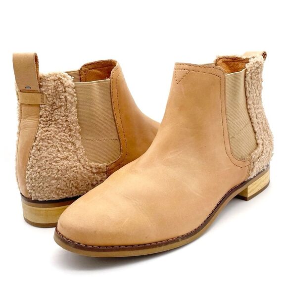 Toms Ella Chelsea Boots Skip On Booties in Honey Leather Faux Shearling Size 9.5 - Picture 3 of 15